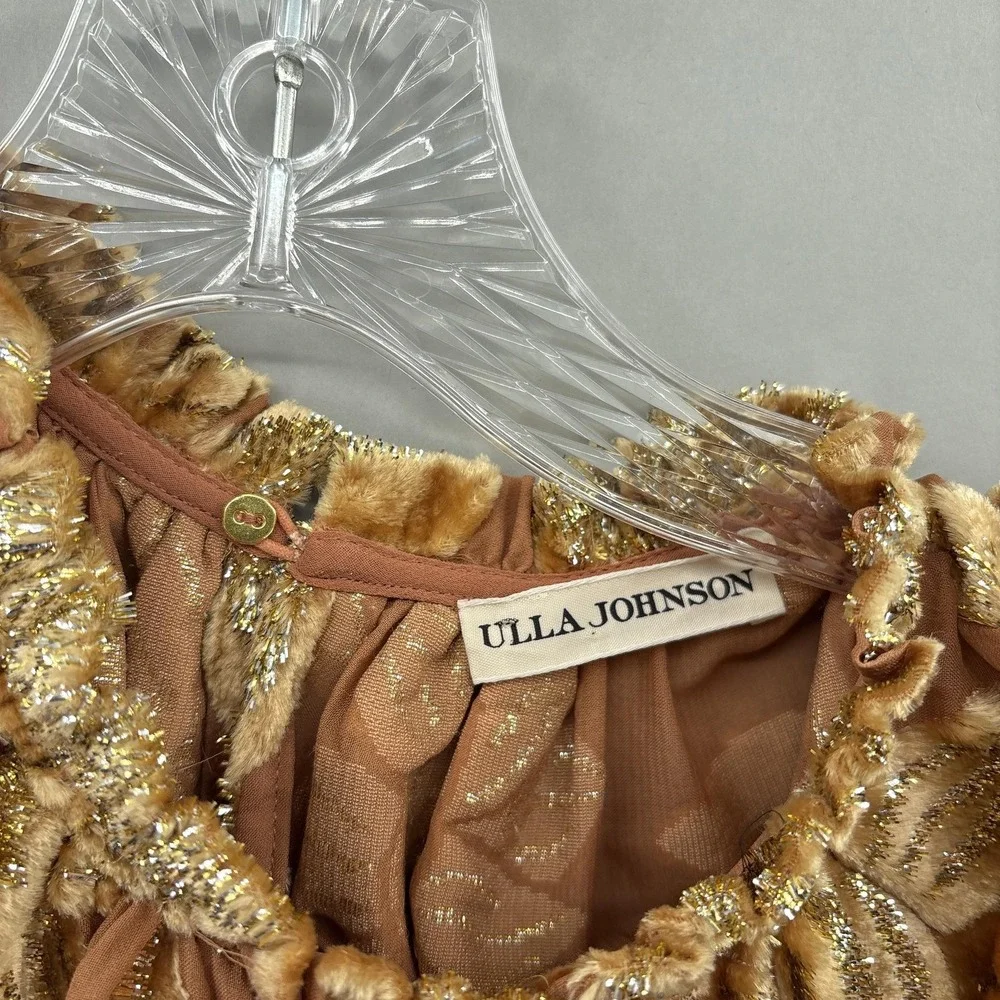 Ulla Johnson Blouse 2 Brown Floral Velvet Puff Sleeve Tunic Top Metallic Party